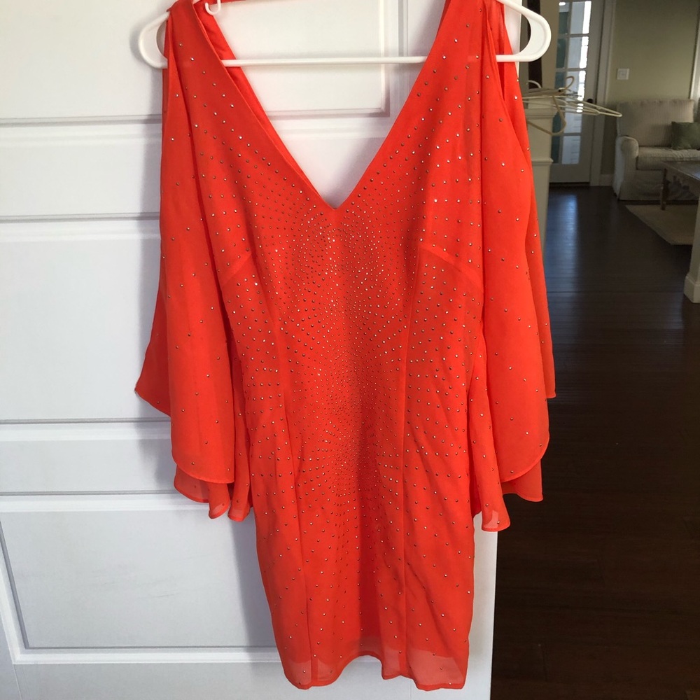 Bebe orange, embellished, open shoulder dress